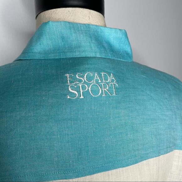 Escada Sport Linen Blouse Button Down Stripe Blue White L EUC - Picture 11 of 15